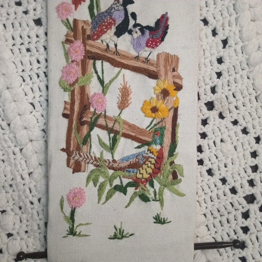 Embroidered Cross Stitch Hanging Art Birds Vintage Handmade Quail Leewards 26X6